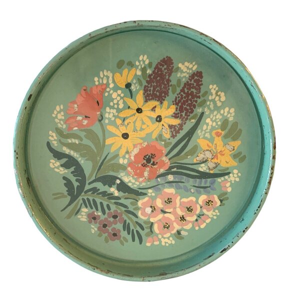 4 Vintage Hand Painted Toleware Robins Egg Blue Floral COASTER SET Metal w Glass - Picture 2 of 8